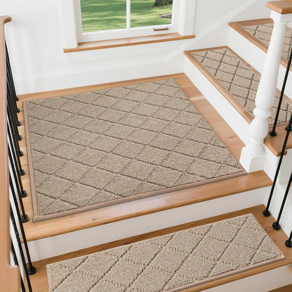 COSY HOMEER Edging Stair Treads Non-Slip Carpet Mat 28inX9in Indoor Stair Runners for Wooden Steps, Edging Stair Rugs for Kids and Dogs, 100% Polyester TPE Backing (7pc, Beige)