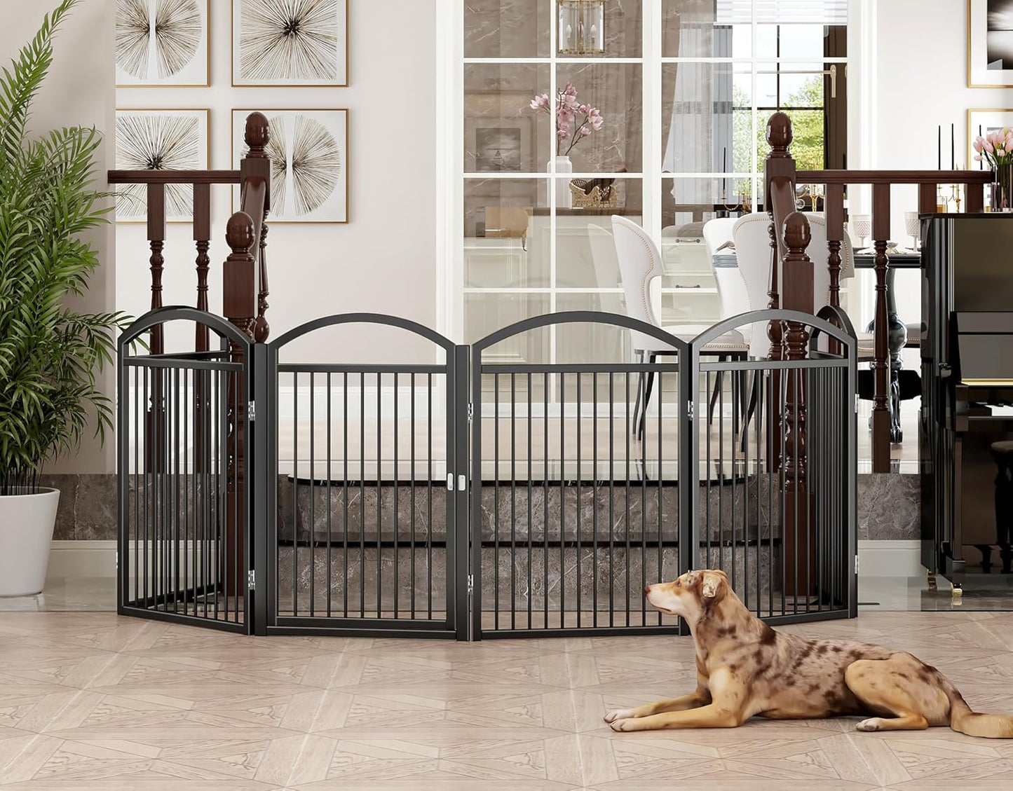 Folding No-Assembly Freestanding Dog Gate with Door,32" Heights Foldable Pet Fence,144" Extra Wide Accordion Puppy Folding Playpen for Doorways,House,Stairs (6 Panels,White)