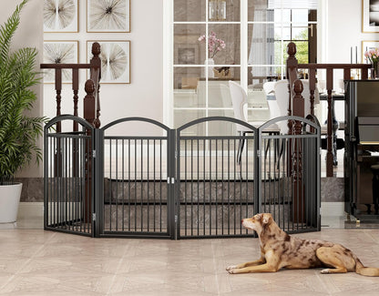 Folding No-Assembly Freestanding Dog Gate with Door,32" Heights Foldable Pet Fence,144" Extra Wide Accordion Puppy Folding Playpen for Doorways,House,Stairs (6 Panels,White)