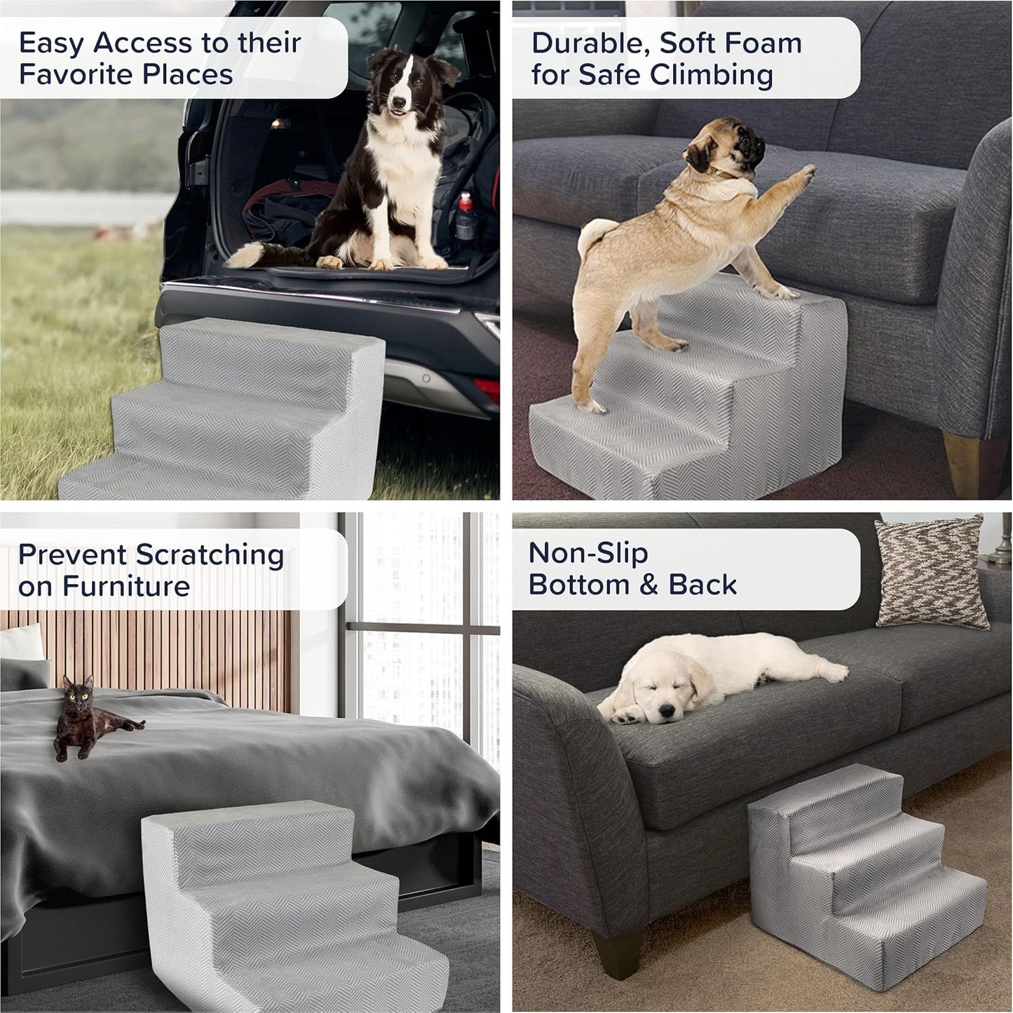 3-Step Pet Stairs - Nonslip Foam Dog and Cat Steps with Removable Zippered Microfiber Cover - 2-Tone Design for Home or Vehicle Use by PETMAKER (Tan)