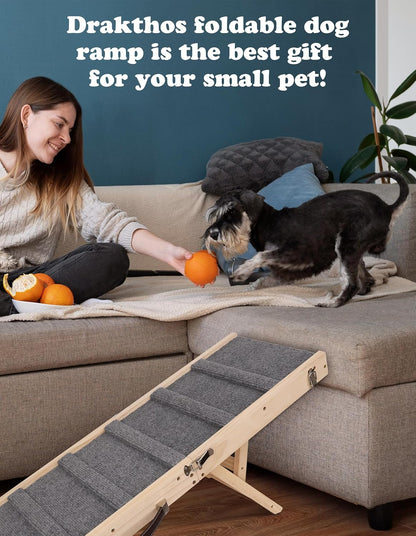 Dog Ramp Dog Stairs for Small Dogs Foldable Dog Ramp with 4 Adjustable Heights from 7.48'' to 15.35" Wood Stairs with Non Slip Carpet Portable Pet Ramp for Couch, Sofa, Low Bed (Natural Wood)