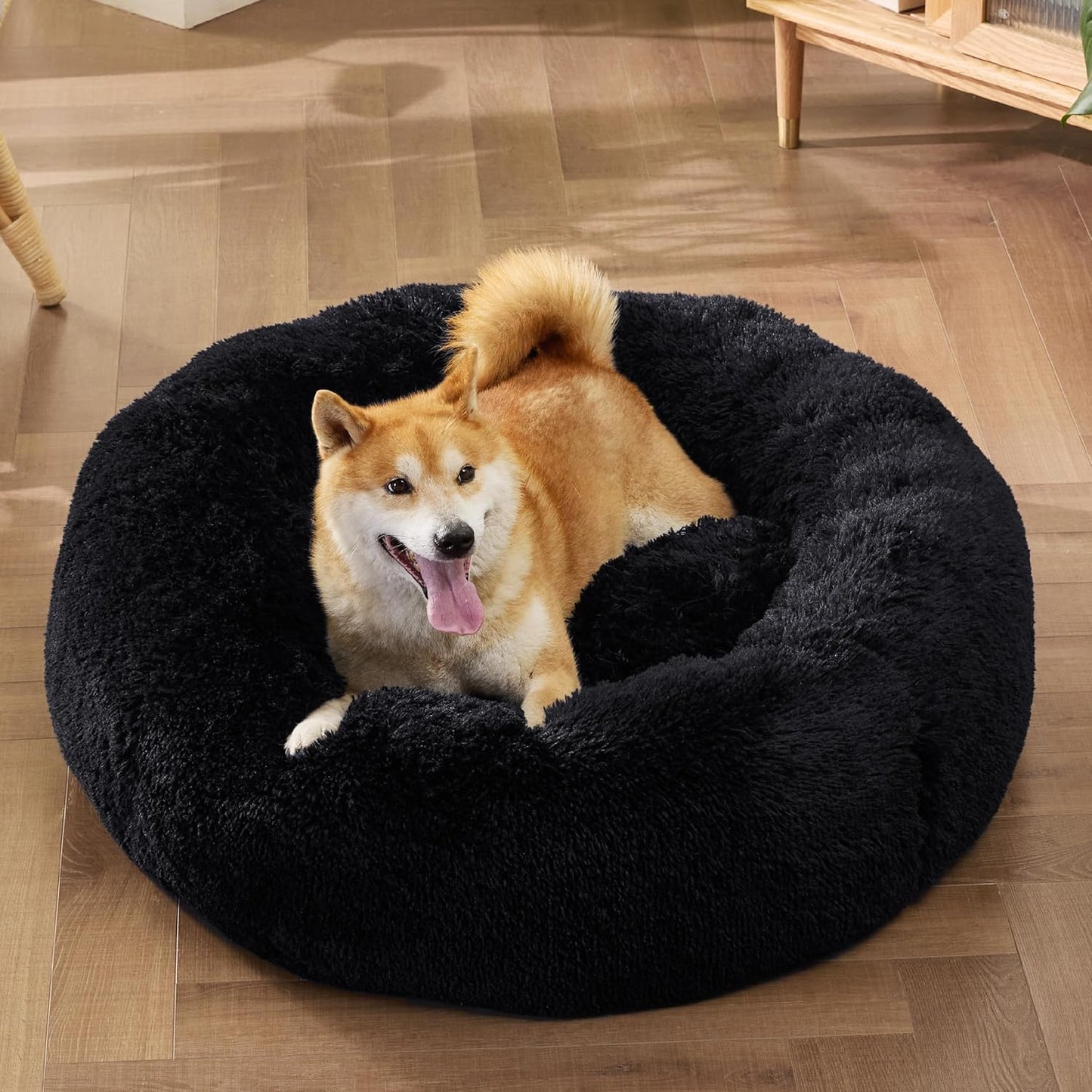 Bedsure Calming Dog Bed Medium Size Dog - Donut Washable Medium Pet Bed, 30 inches Anti-Slip Round Fluffy Plush Faux Fur Cat Bed, Fits up to 45 lbs Pets, Camel