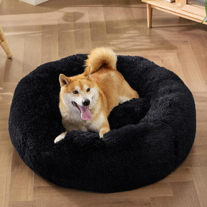 Bedsure Calming Dog Bed Medium Size Dog - Donut Washable Medium Pet Bed, 30 inches Anti-Slip Round Fluffy Plush Faux Fur Cat Bed, Fits up to 45 lbs Pets, Camel