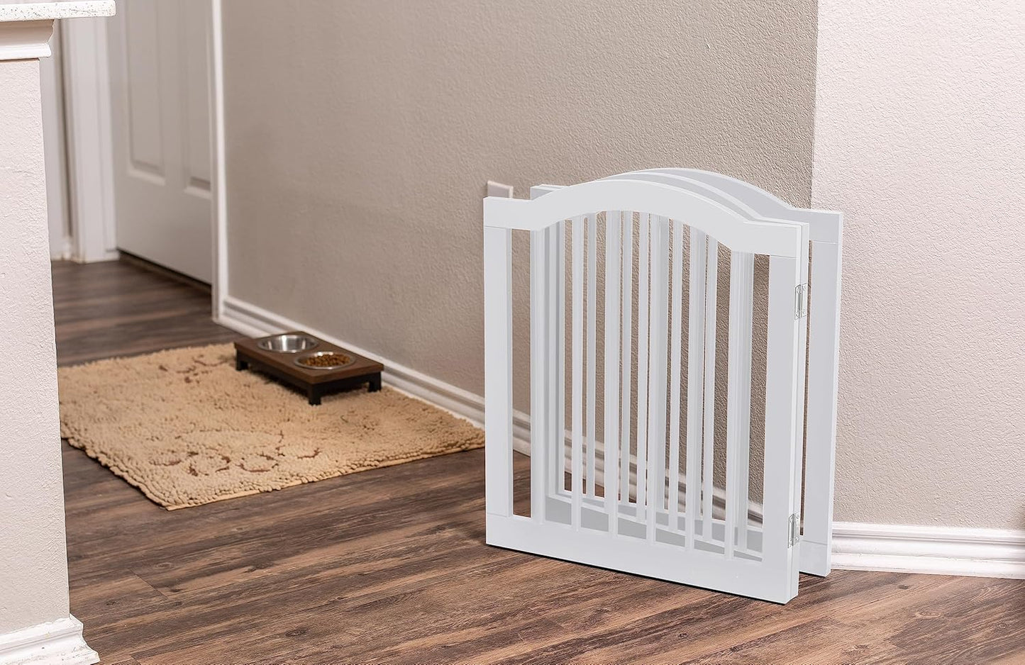 INTERNET'S BEST Arched Top Dog Gate | 4 Panel, 24" H Wooden Pet Barrier for Dogs or Cats | Freestanding Folding Room Divider for Doorways, Hallways, Stairs, and Porch | Portable, Extra Wide | Espresso