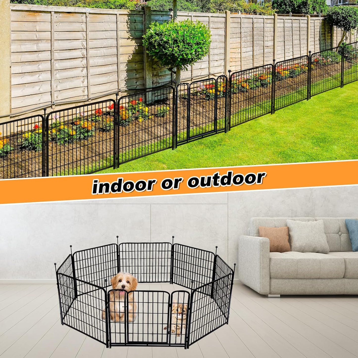 Getlay 36 in(H) Garden Fence, Wide Gate Low Threshold, 10 Panels Total 22.1 Ft(L) Heavy Duty Iron Animal Barrier Fence for Yard,Suitable for Indoor Or Outdoor Dog Fencing,Garden Border Fence
