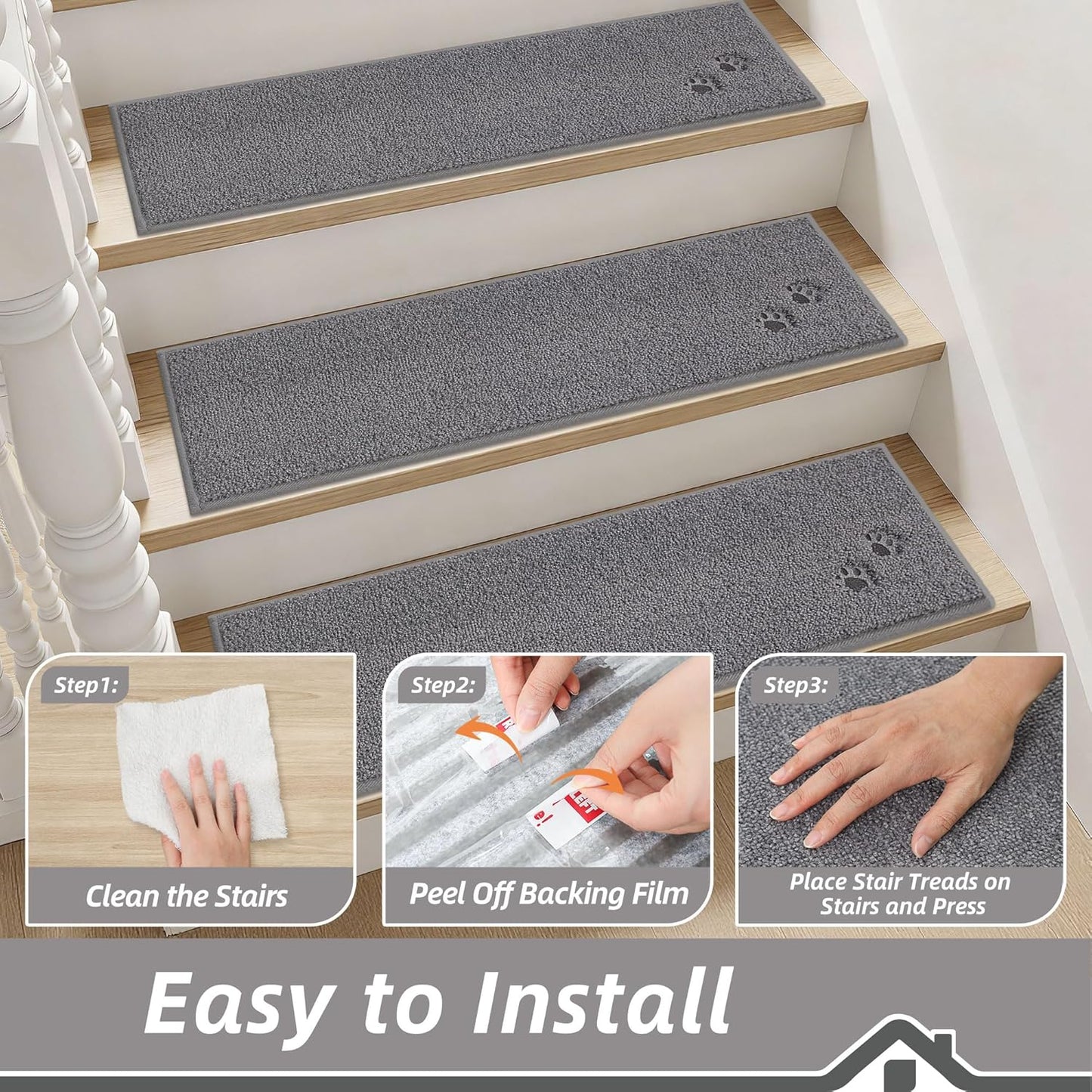 BEQHAUSE Stair Treads for Wooden Steps 28inX9in, Non Slip Carpet Stair Treads Indoor Stair Runners Machine Washable, Soft Stair Rugs Mat Surface Polyester TPE Backing, 4pcs, Charcoal