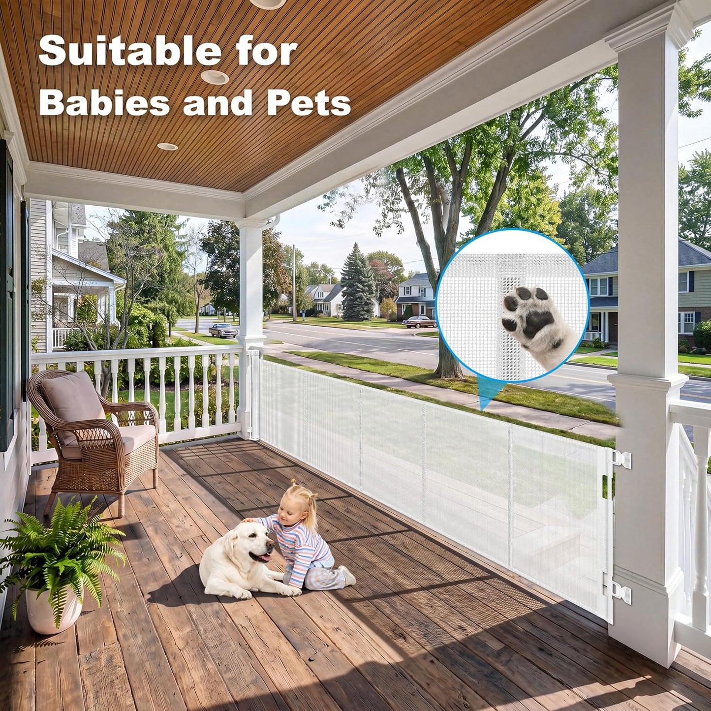 108" Wide Weatherproof Outdoor Retractable Dog Gates Extra Wide with Rust-Proof Stainless Steel Hardware& Waterproof Mesh, Reinforced 9 Ft Extra Long Retractable Baby Gate to Prevent Crawling Through