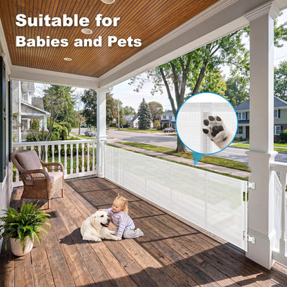 108" Wide Weatherproof Outdoor Retractable Dog Gates Extra Wide with Rust-Proof Stainless Steel Hardware& Waterproof Mesh, Reinforced 9 Ft Extra Long Retractable Baby Gate to Prevent Crawling Through