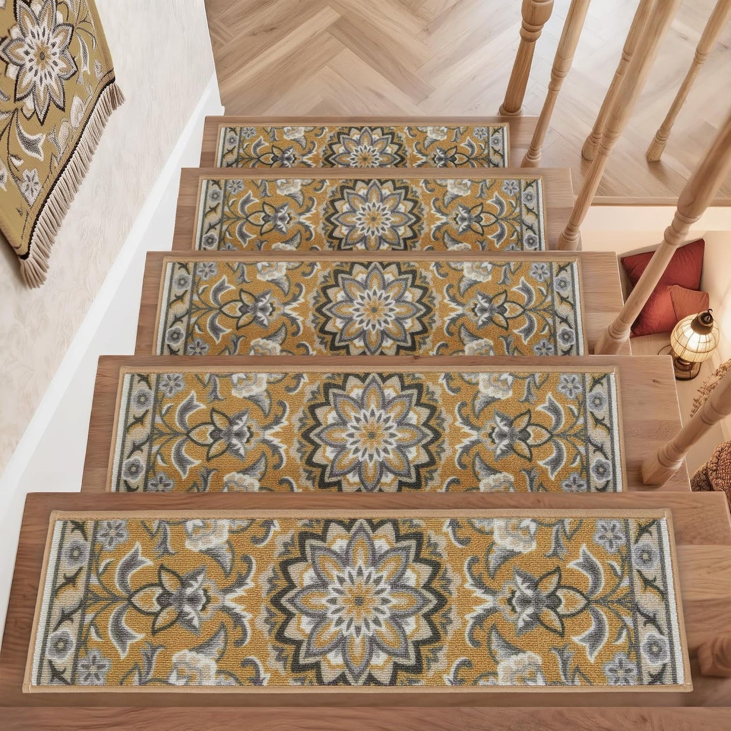 COSY HOMEER-Stair-Treads-for-Wooden-Steps Washable Indoor Stair Treads Non Slip 8" X 30" Soft Stair Carpet Treads Reusable Peel and Stick Stair Runner Rug for Kids, Elders and Pets 15pcs