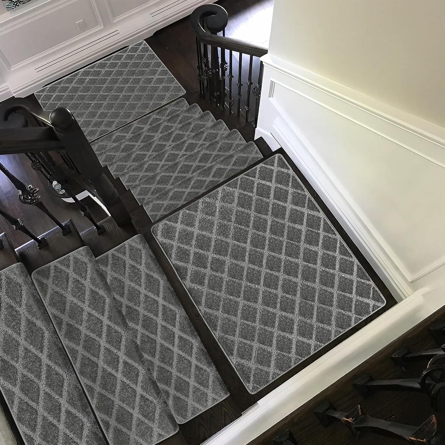 PURE ERA Bullnose Carpet Stair Treads Set Tape Free Non-Slip Indoor Stair Protectors Pet Friendly Rugs Covers Soft Skid Resistant Washable Reusable 9.5" x 30"(14 Pieces,Cream Gray)