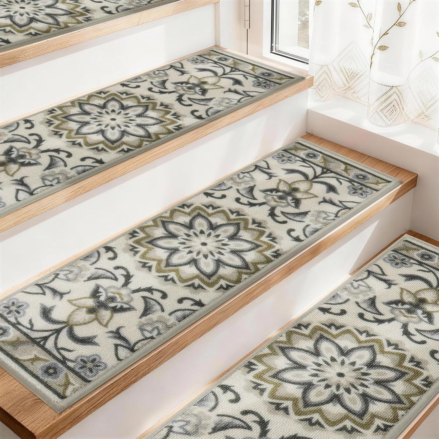 COSY HOMEER-Stair-Treads-for-Wooden-Steps Washable Indoor Stair Treads Non Slip 8" X 30" Soft Stair Carpet Treads Reusable Peel and Stick Stair Runner Rug for Kids, Elders and Pets 15pcs