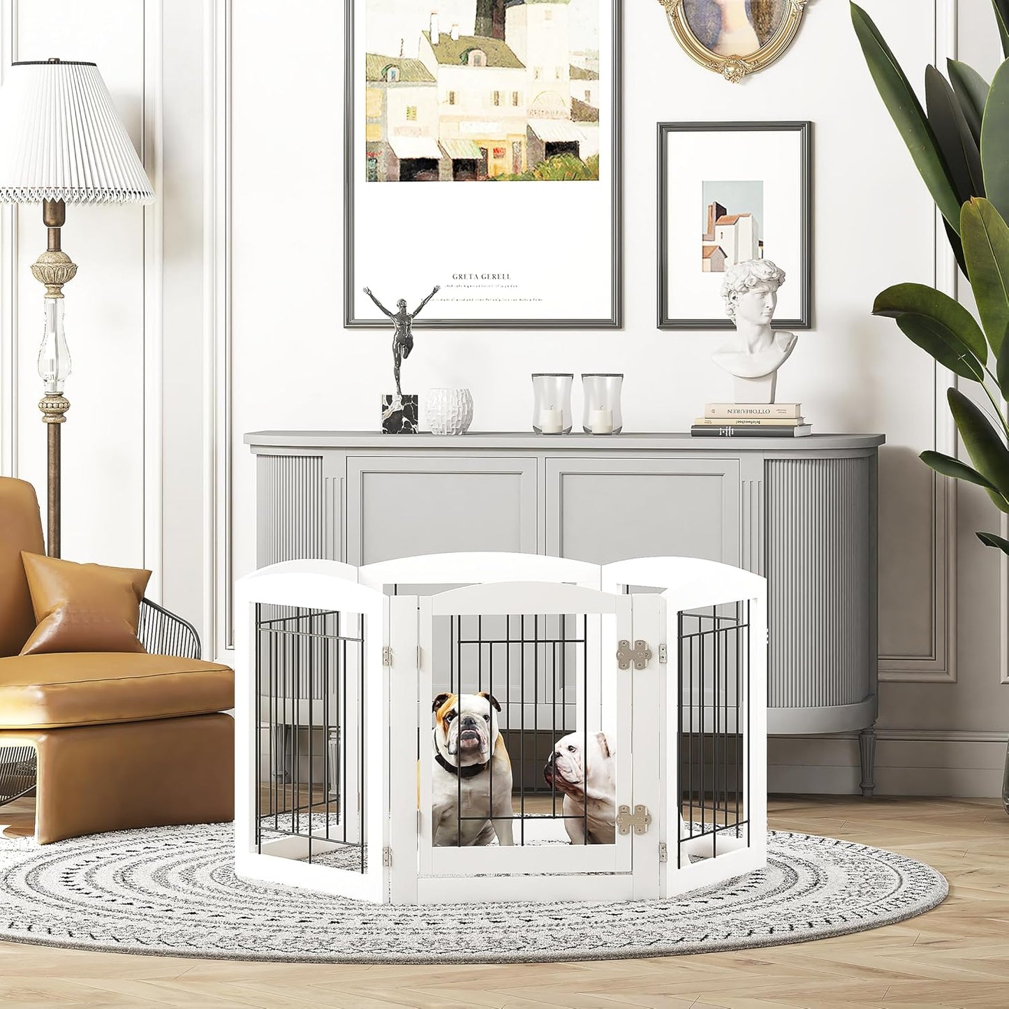 PAWLAND Free Standing Dog Gates for The House Stairs Doorways Indoor Foldable Wooden Small White Puppy Pet Gate Step Over Fence 60" W 24" H 3 Panels