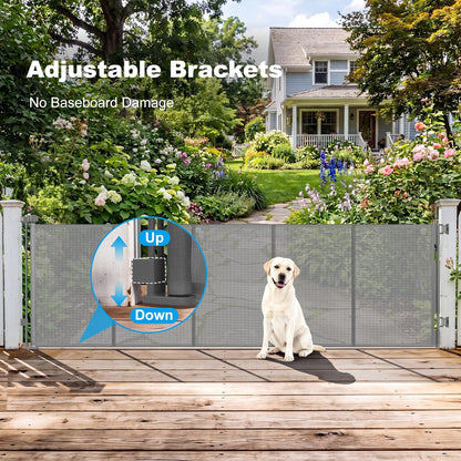 108" Wide Weatherproof Outdoor Retractable Dog Gates Extra Wide with Rust-Proof Stainless Steel Hardware& Waterproof Mesh, Reinforced 9 Ft Extra Long Retractable Baby Gate to Prevent Crawling Through