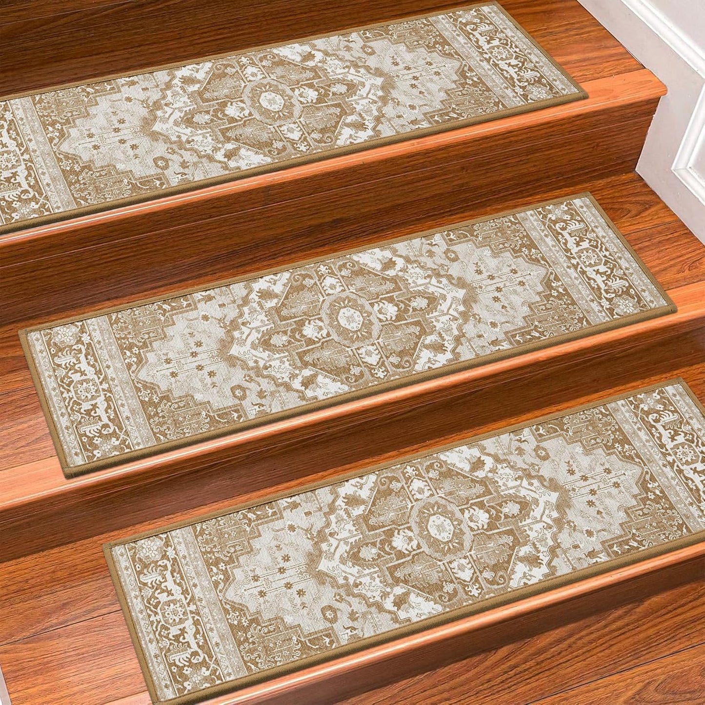 Stair Treads for Wooden Steps Indoor, 15 Pack 8" X 30" Non Slip Carpet Stair Treads with Reusable Adhesive for Kids Elders and Dogs, TPR Backing Stair Rugs Oriental Staircase Step Treads,Bohemia
