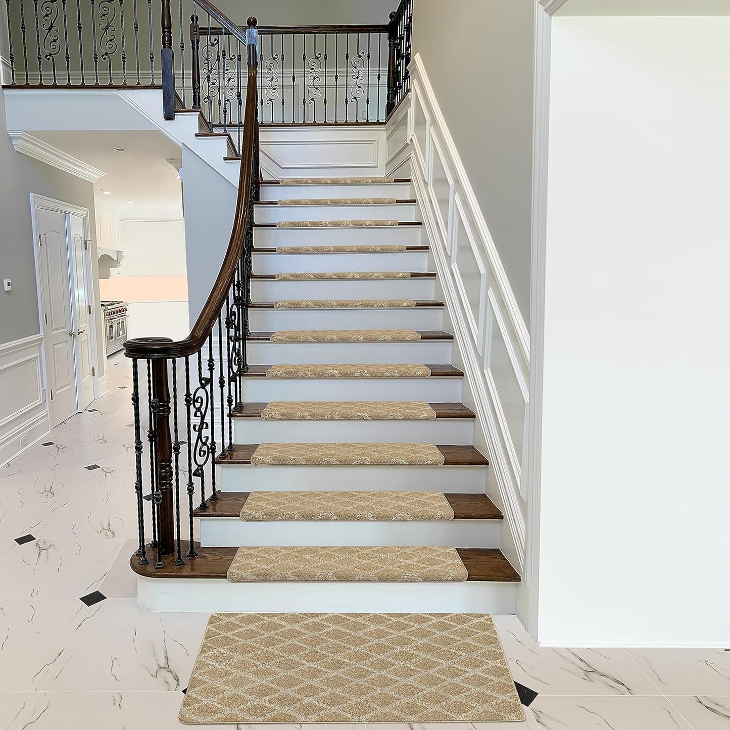 PURE ERA Bullnose Carpet Stair Treads Set Tape Free Non-Slip Indoor Stair Protectors Pet Friendly Rugs Covers Soft Skid Resistant Washable Reusable 9.5" x 30"(14 Pieces,Cream Gray)