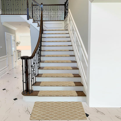 PURE ERA Bullnose Carpet Stair Treads Set Tape Free Non-Slip Indoor Stair Protectors Pet Friendly Rugs Covers Soft Skid Resistant Washable Reusable 9.5" x 30"(14 Pieces,Cream Gray)