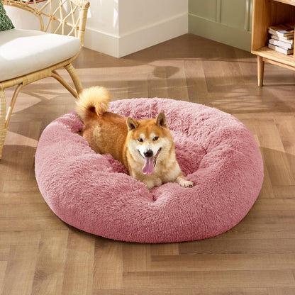 Bedsure Calming Dog Bed Medium Size Dog - Donut Washable Medium Pet Bed, 30 inches Anti-Slip Round Fluffy Plush Faux Fur Cat Bed, Fits up to 45 lbs Pets, Camel