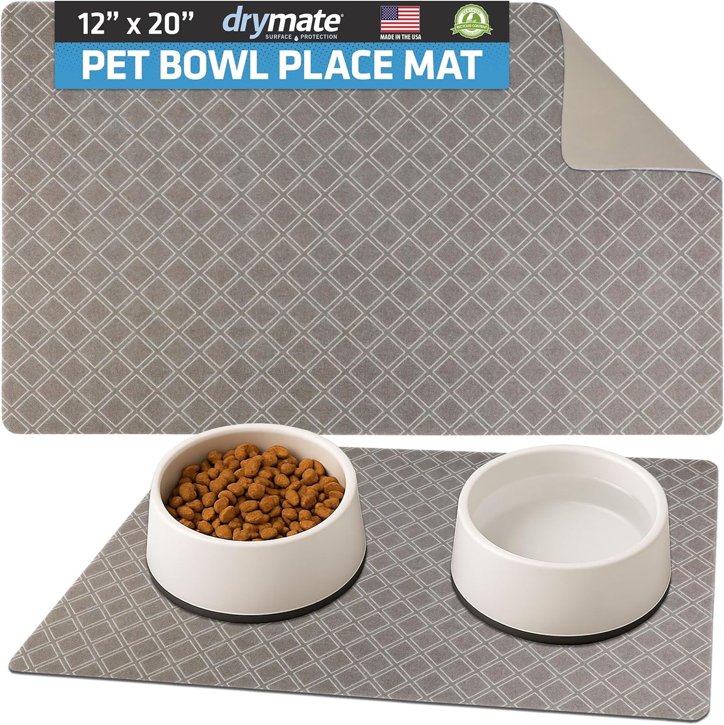 Drymate Pet Bowl Placemat, Dog & Cat Food Feeding Mat - Absorbent Fabric, Waterproof Backing, Slip-Resistant - Machine Washable/Durable (USA Made) (12” x 20”) (Indigo)