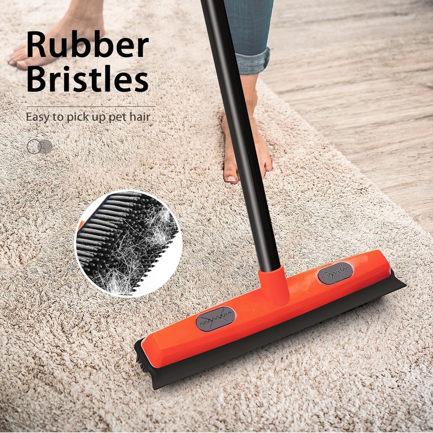JEHONN Rubber Broom Carpet Rake Brush for Pet Hair with Squeegee, 52.8 inches Long Handle Silicone Fur Scraper Removal Tool with Detailing Lint Comb for Rug, Tile, Hardwood Floor Cleaning (Blue)