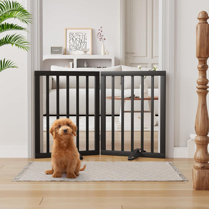 Freestanding Dog Gates Indoor, 3-Panel Pet Gates with 2 Metal Stands and 360° Hinge, 24" H Foldable Dog Gate for Stairs, Doorway, Kitchen, Expands Up to 55" Fully Assembled - Black Walnut