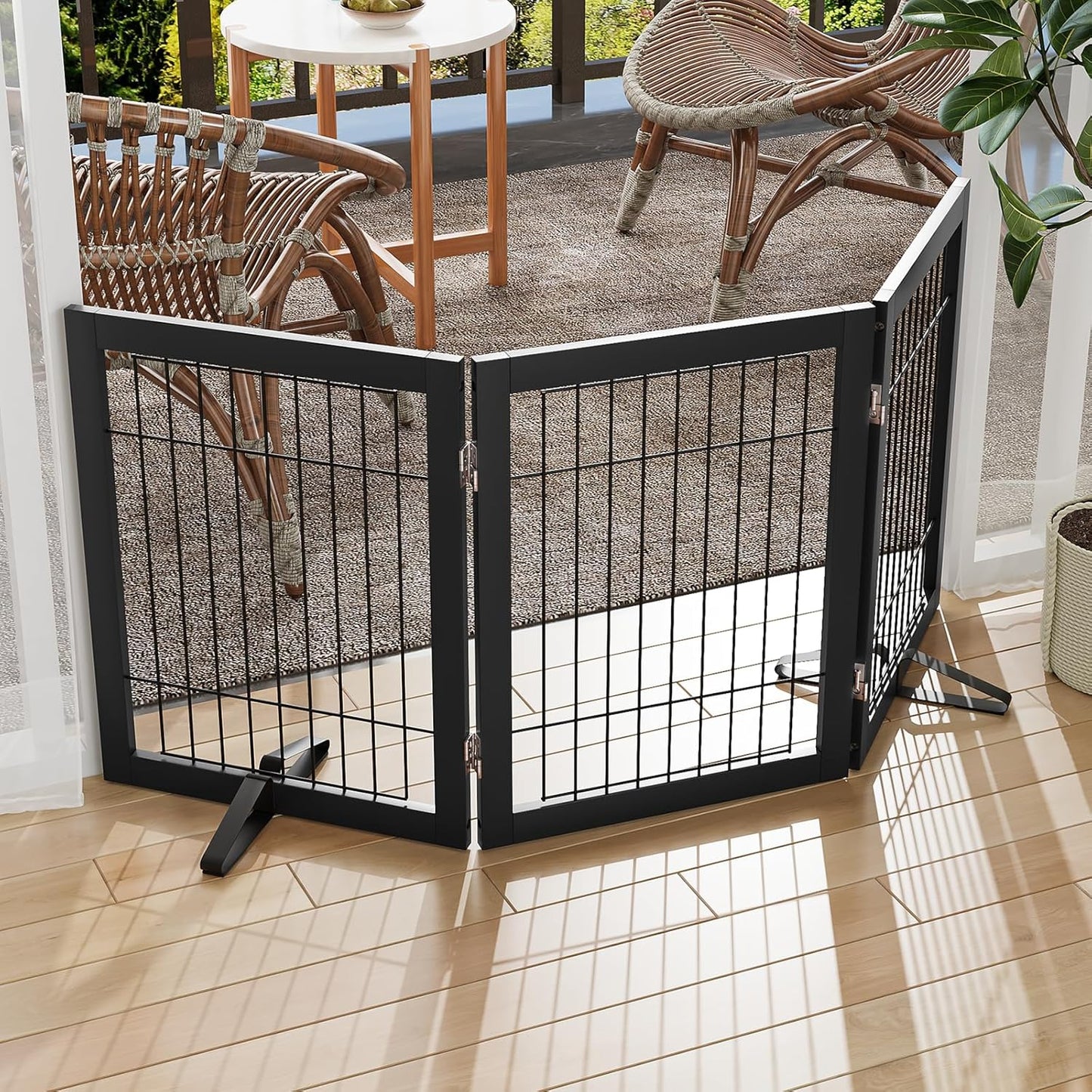 Freestanding Dog Gates Indoor, 3-Panel Pet Gates with 2 Metal Stands and 360° Hinge, 24" H Foldable Dog Gate for Stairs, Doorway, Kitchen, Expands Up to 55" Fully Assembled - Black Walnut