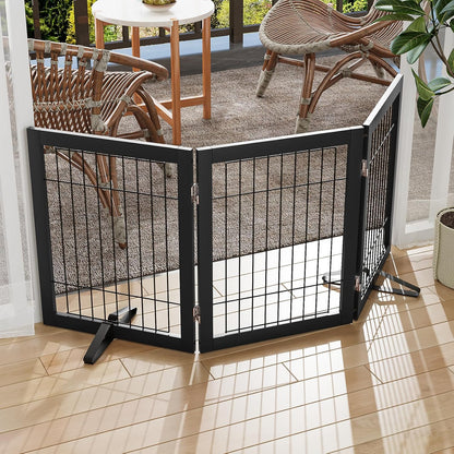 Freestanding Dog Gates Indoor, 3-Panel Pet Gates with 2 Metal Stands and 360° Hinge, 24" H Foldable Dog Gate for Stairs, Doorway, Kitchen, Expands Up to 55" Fully Assembled - Black Walnut