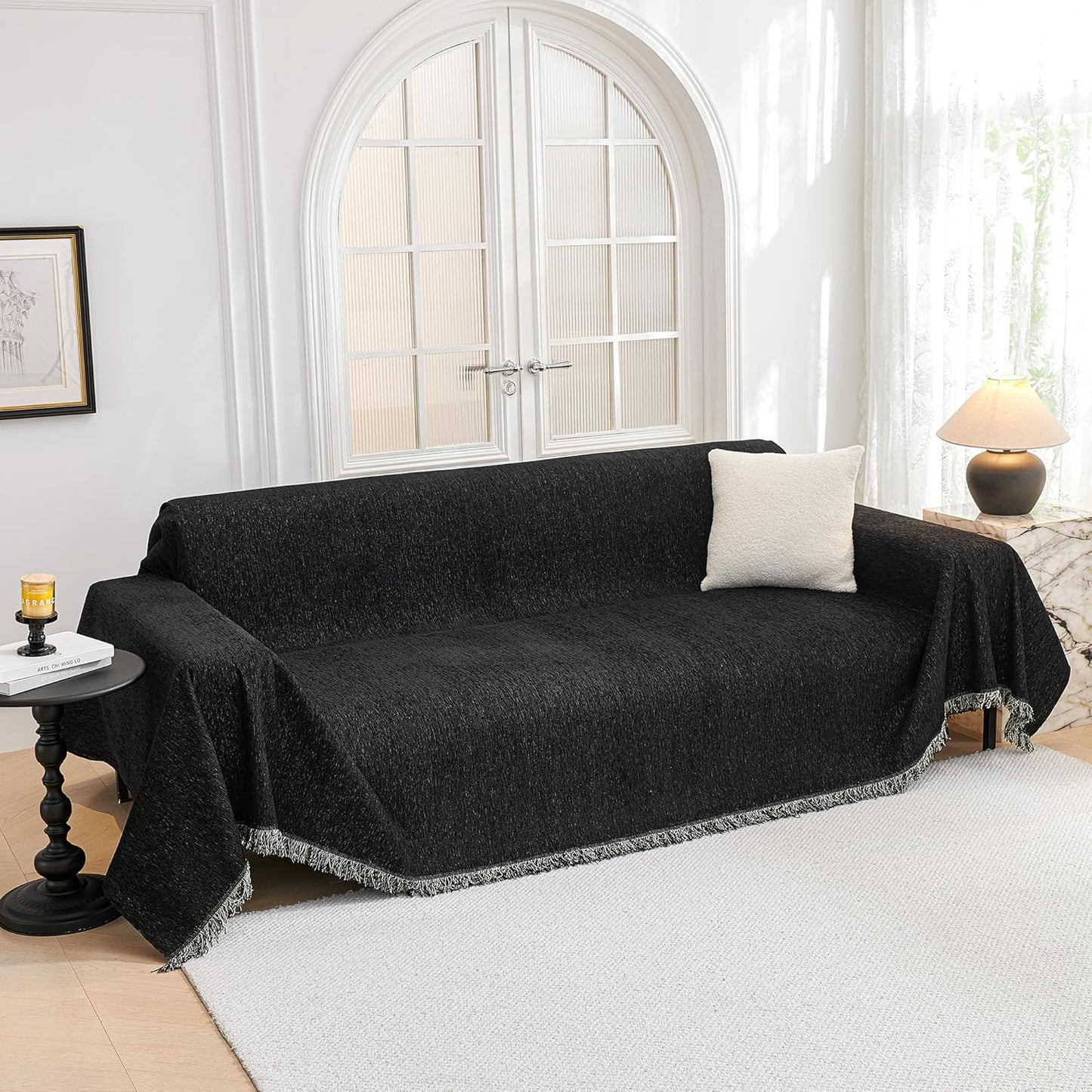 MYSKY HOME Couch Cover for Dogs, Washable Couch Covers, Non Slip Sofa Cover, Couch Cover 2 Cushion Sofa Dogs Furniture Protector with Tassels, Chenille Sofa Slipcover for Pets, 71"x118", Dark Grey
