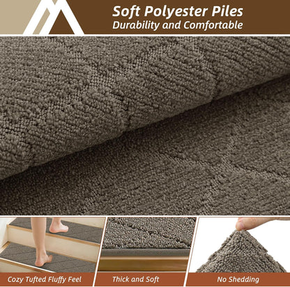 COSY HOMEER Edging Stair Treads Non-Slip Carpet Mat 28inX9in Indoor Stair Runners for Wooden Steps, Edging Stair Rugs for Kids and Dogs, 100% Polyester TPE Backing (7pc, Beige)