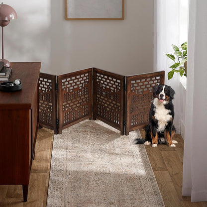 Freestanding Pet Gate for Dogs, Foldable Wooden Dog Gate for House, Indoor Dog Gate for Stair, Doorway, House Design Gates for Dogs Indoor, 72 Inch Wide, (18" x4 Panels 72 inch), Burnt Finish