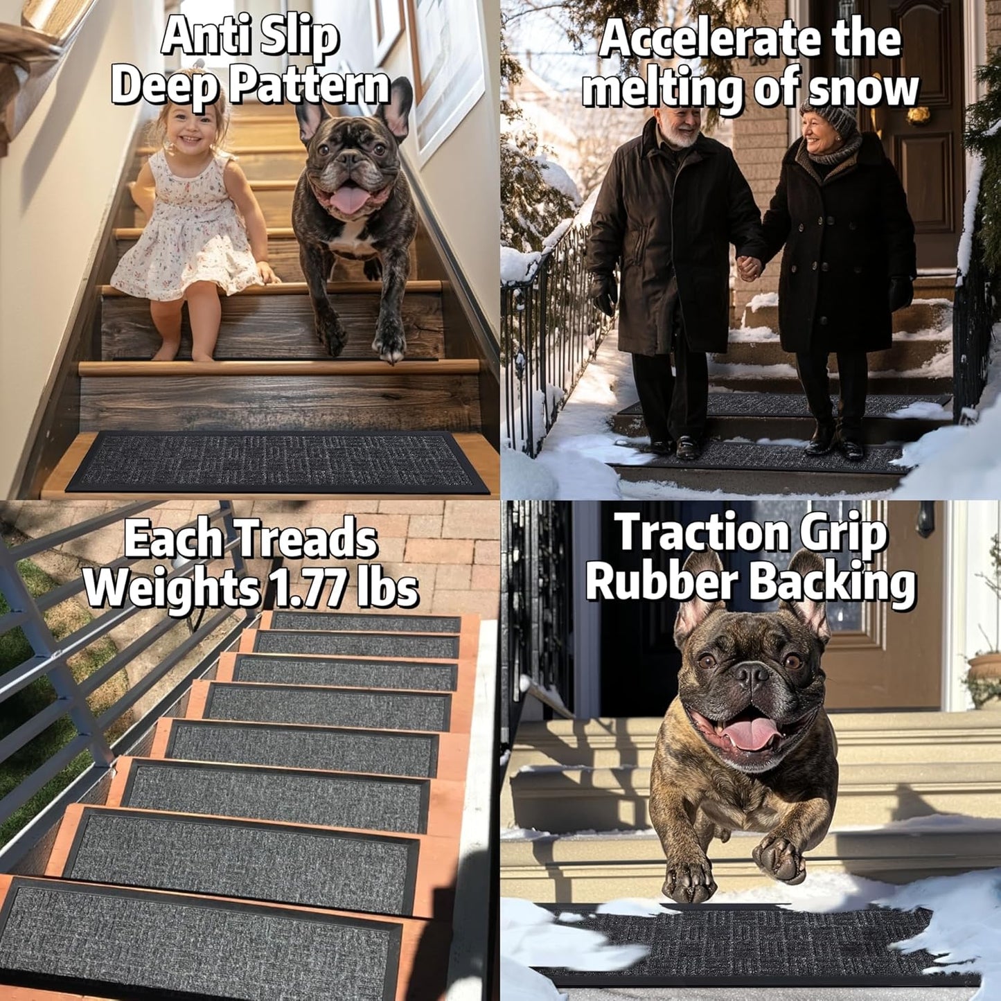 Aucuda 2pcs 8.5" x 30" Stair Treads Outdoor for Elders and Dogs on Wooden Steps, Non Slip Stair Runner Rug Heat Insulation Rubber Backing, Gray Staircase Mat Carpet for Indoor Grip Farmhouse.