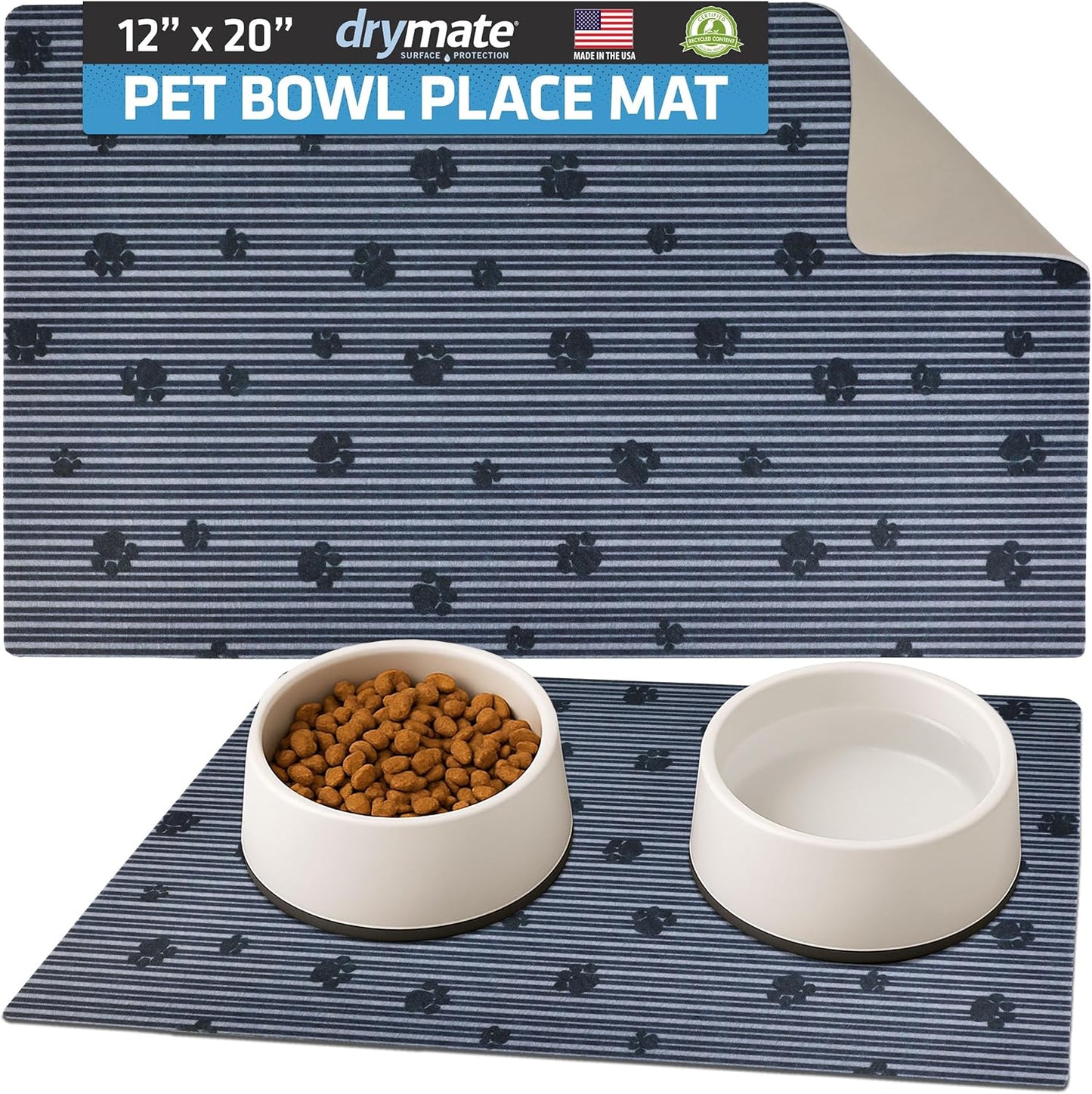 Drymate Pet Bowl Placemat, Dog & Cat Food Feeding Mat - Absorbent Fabric, Waterproof Backing, Slip-Resistant - Machine Washable/Durable (USA Made) (12” x 20”) (Indigo)