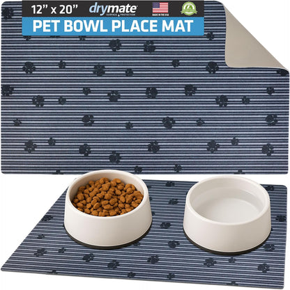 Drymate Pet Bowl Placemat, Dog & Cat Food Feeding Mat - Absorbent Fabric, Waterproof Backing, Slip-Resistant - Machine Washable/Durable (USA Made) (12” x 20”) (Indigo)