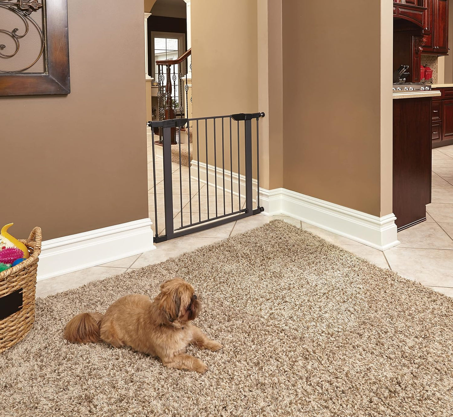 MidWest Homes for Pets 39-Inch High Walk-Thru Pressure Mounted Steel Dog Gate, Expands to 38 Inches Wide, Includes 3-inch Extensions, Textured Graphite
