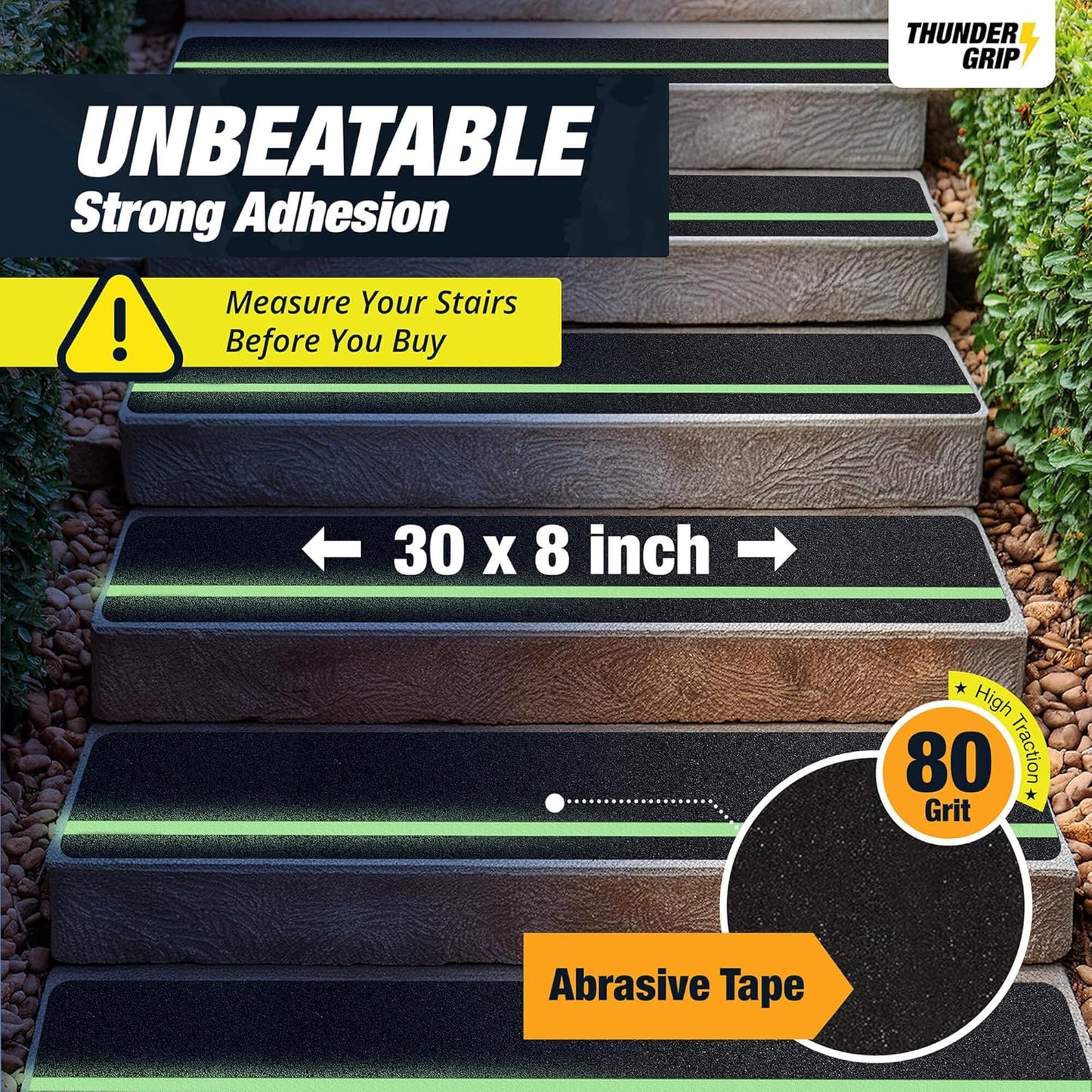 THUNDER GRIP Glow in the Dark 30" x 6"-12-Pack Weather Resistant Outdoor Stair Treads 80-Grit