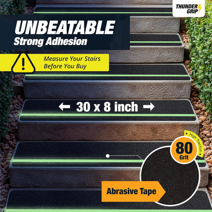 THUNDER GRIP Glow in the Dark 30" x 6"-12-Pack Weather Resistant Outdoor Stair Treads 80-Grit