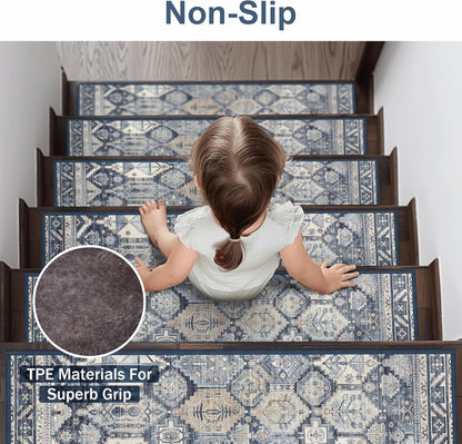 sarben Non Slip Stair Treads for Wooden Steps 15PCS - 8"x30" Indoor Safety Carpet, Edging Mats with TPE Adhesive Backing, Pet and Elderly Friendly Stair Rugs (Taupe) - Colors A