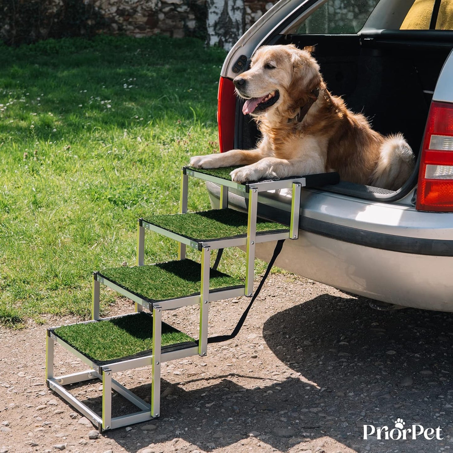 Dog stairs for large dogs PRIORPET - Glow in The Dark Marking - Foldable Dog ramp for Car and Small SUV - Dog steps for Car - Non-Slip Surface - Dog ramps for large dogs - 4 Steps