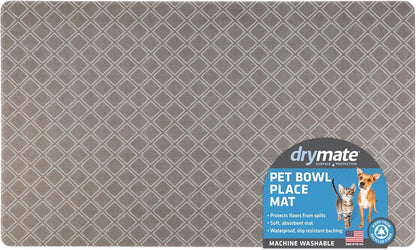 Drymate Pet Bowl Placemat, Dog & Cat Food Feeding Mat - Absorbent Fabric, Waterproof Backing, Slip-Resistant - Machine Washable/Durable (USA Made) (12” x 20”) (Indigo)