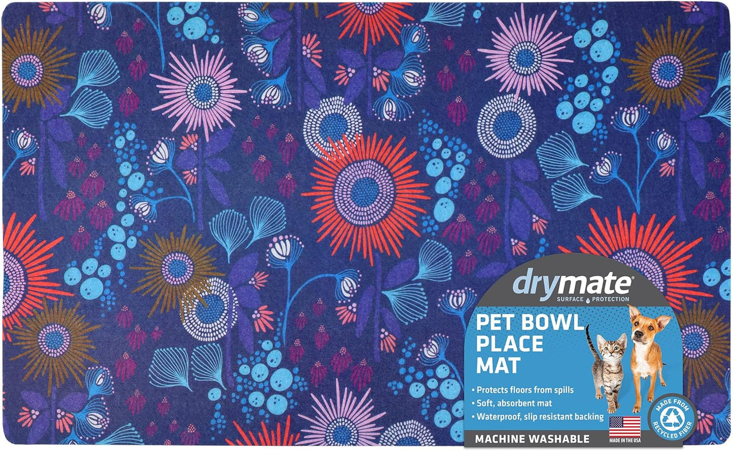 Drymate Pet Bowl Placemat, Dog & Cat Food Feeding Mat - Absorbent Fabric, Waterproof Backing, Slip-Resistant - Machine Washable/Durable (USA Made) (12” x 20”) (Indigo)