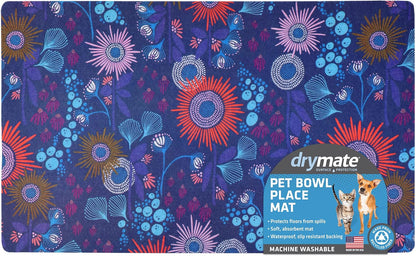 Drymate Pet Bowl Placemat, Dog & Cat Food Feeding Mat - Absorbent Fabric, Waterproof Backing, Slip-Resistant - Machine Washable/Durable (USA Made) (12” x 20”) (Indigo)