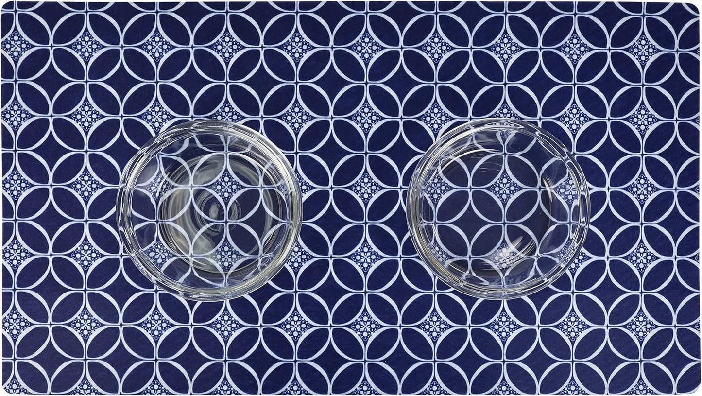 Drymate Pet Bowl Placemat, Dog & Cat Food Feeding Mat - Absorbent Fabric, Waterproof Backing, Slip-Resistant - Machine Washable/Durable (USA Made) (12” x 20”) (Indigo)