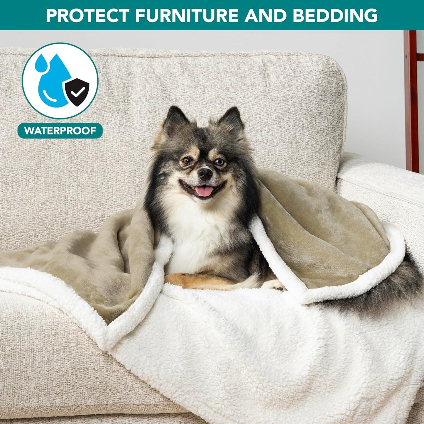 PetAmi Waterproof Dog Blanket for Couch, Large 60x40, Pee Proof Sherpa Fleece Reversible Pet Throw, Furniture Protector for Bed Sofa Kennel, Soft Washable Cover for Medium Dogs Cats, Grey Sherpa