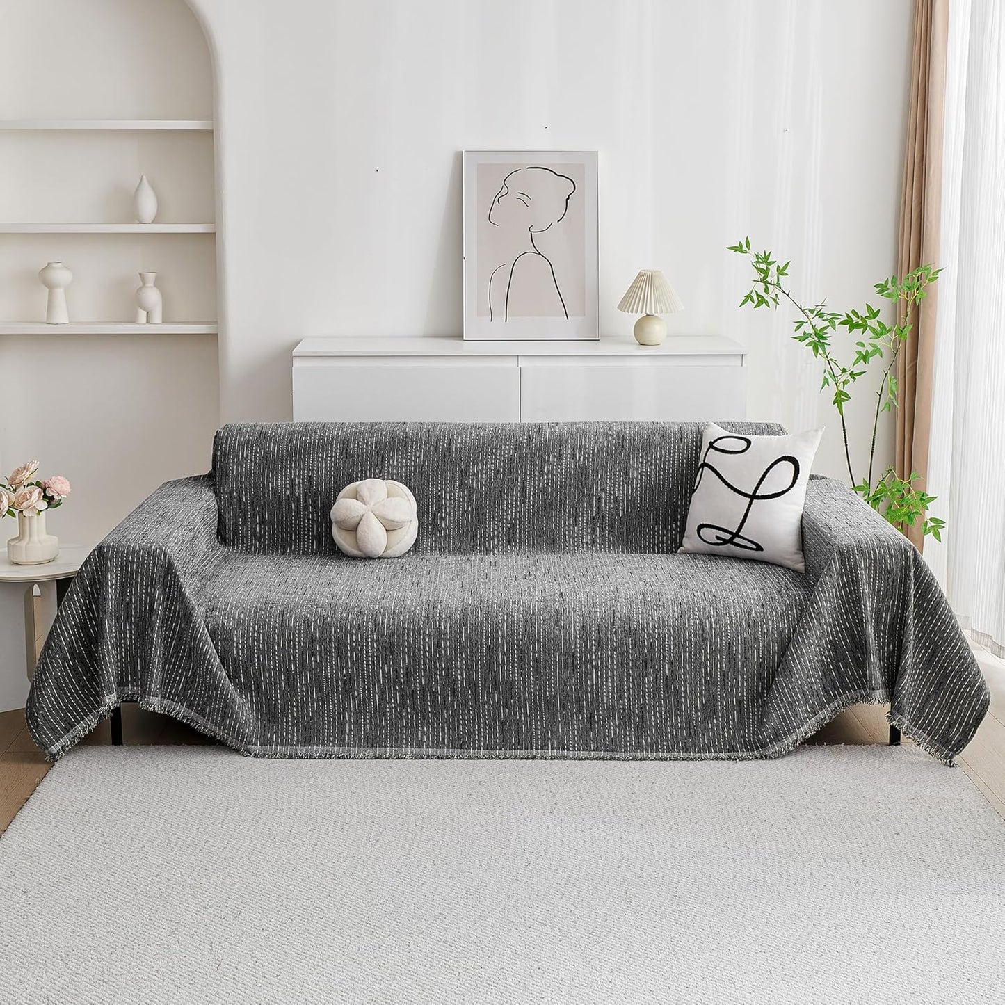 MYSKY HOME Couch Cover for Dogs, Washable Couch Covers, Non Slip Sofa Cover, Couch Cover 2 Cushion Sofa Dogs Furniture Protector with Tassels, Chenille Sofa Slipcover for Pets, 71"x118", Dark Grey