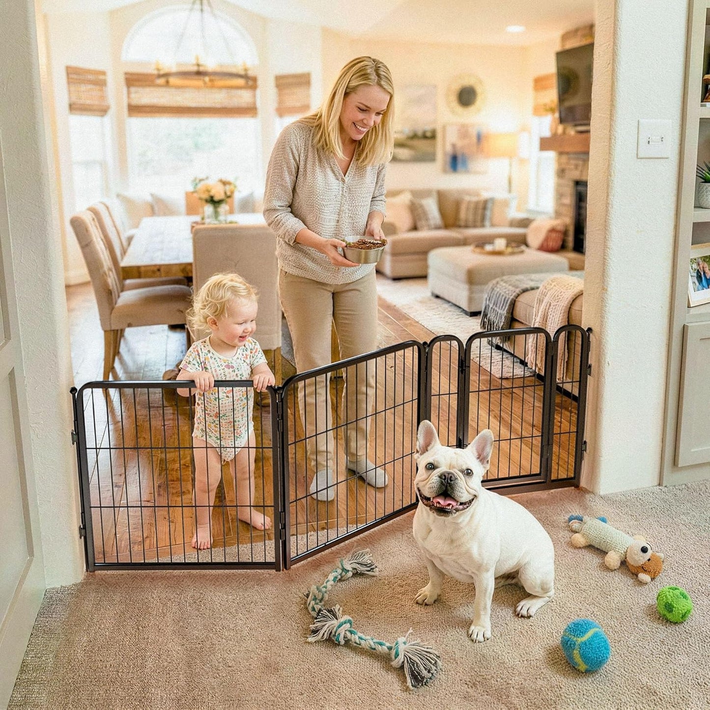 FXW Dog Gate Extra Wide Designed for Indoor Use, Adjustable Width Up to 183-inch Wide (24" H 8 Wire Panels for Puppies and Small Dogs), Black