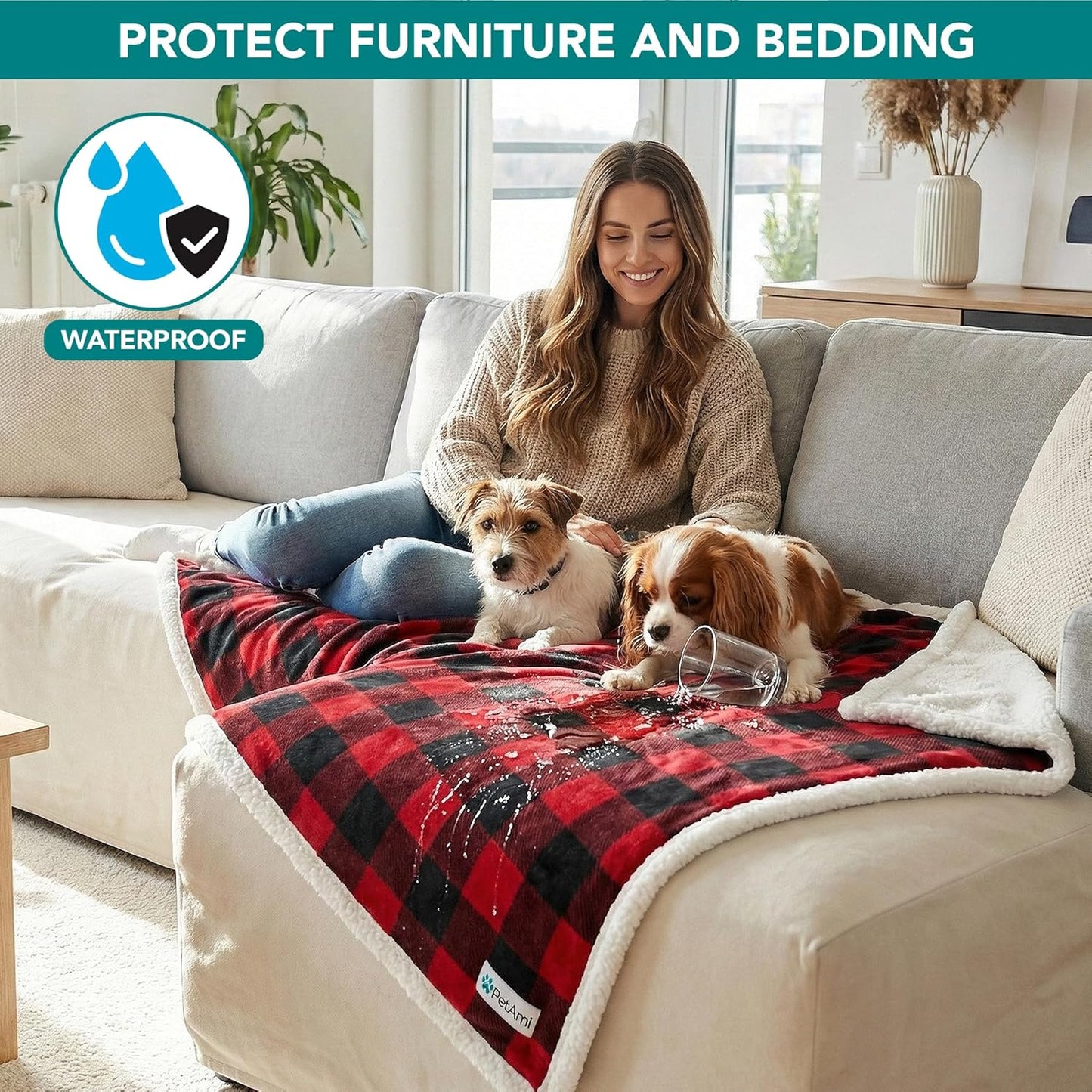 PetAmi Waterproof Dog Blanket for Couch, Large 60x40, Pee Proof Sherpa Fleece Reversible Pet Throw, Furniture Protector for Bed Sofa Kennel, Soft Washable Cover for Medium Dogs Cats, Grey Sherpa