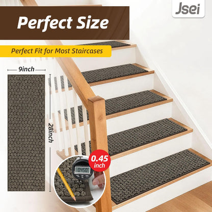 JSEI Stair Treads for Wooden Steps, 14 Pack 9" X 28" Non-Slip Machine Washable Carpet Stair Treads with TPE Backing, Soft Indoor Stair Rug Runner for Kids Elders & Pets, 100% Polyester, Greyish Brown