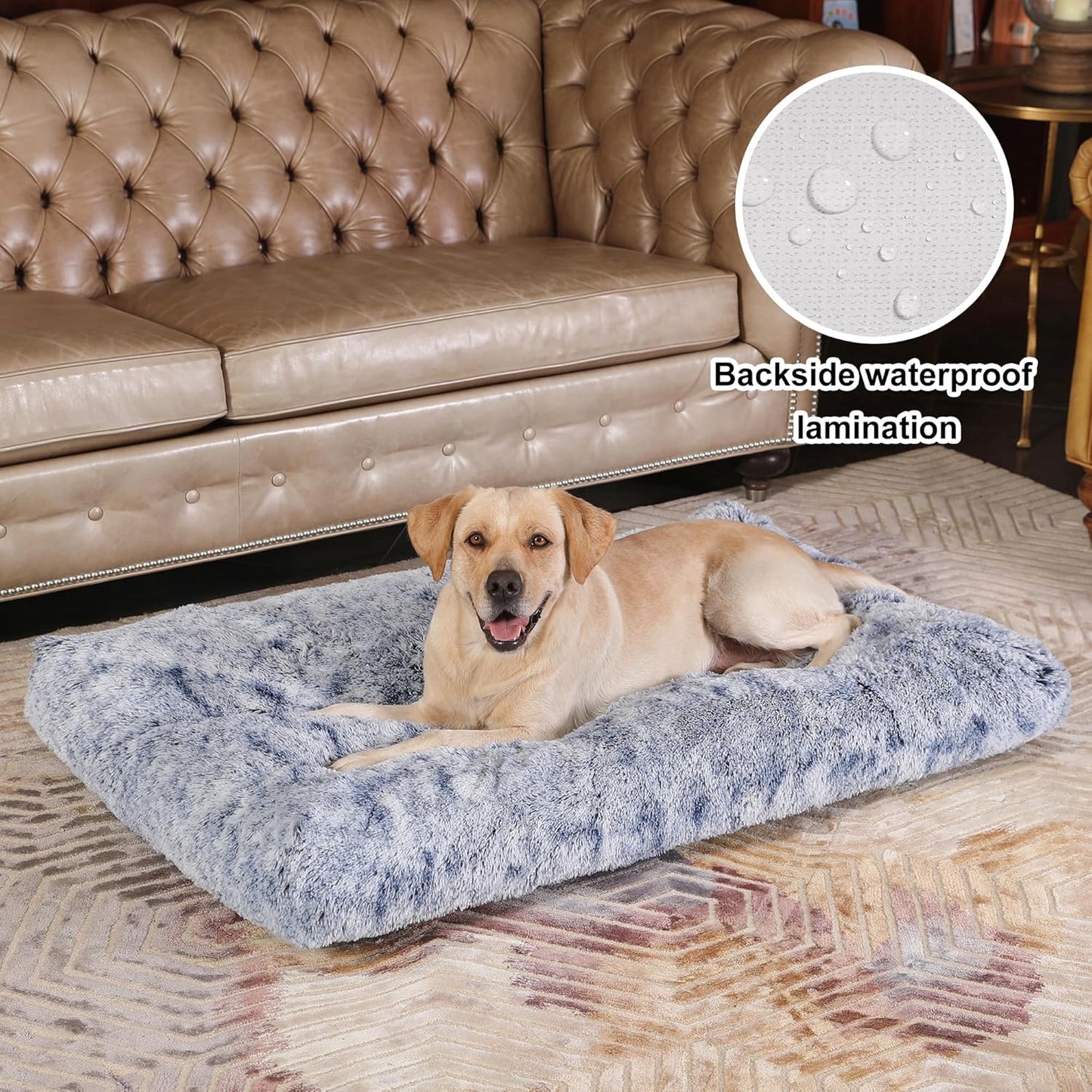 Bedfolks Waterproof Dog Crate Bed, Plush With Removable Washable Cover, Faux Fur Crate Pad for Medium Dogs, Fluffy Kennel 29"x21", Dark Grey