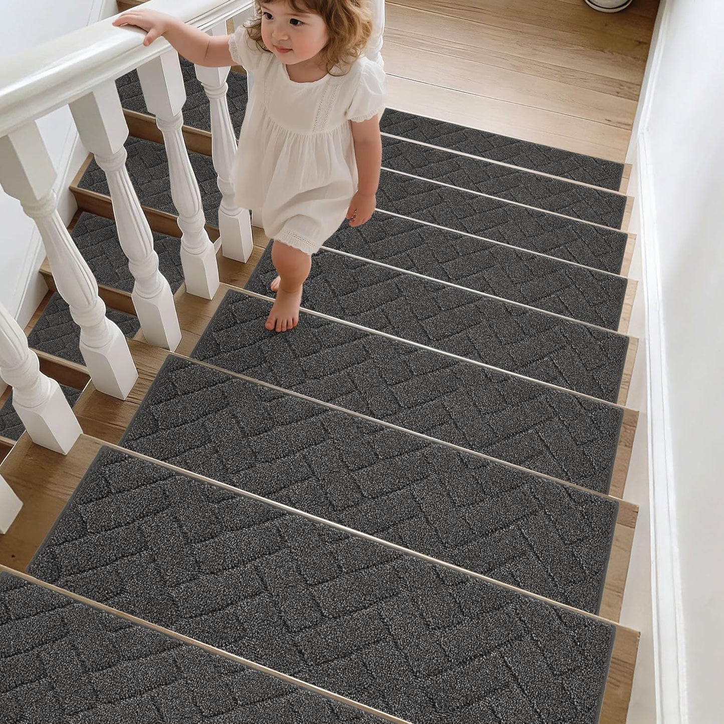 BEQHAUSE Stair Treads for Wooden Steps 28inX9in, Non Slip Carpet Stair Treads Indoor Stair Runners Machine Washable, Soft Stair Rugs Mat Surface Polyester TPE Backing, 4pcs, Charcoal