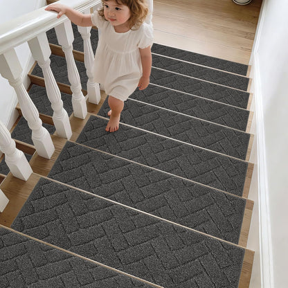 BEQHAUSE Stair Treads for Wooden Steps 28inX9in, Non Slip Carpet Stair Treads Indoor Stair Runners Machine Washable, Soft Stair Rugs Mat Surface Polyester TPE Backing, 4pcs, Charcoal