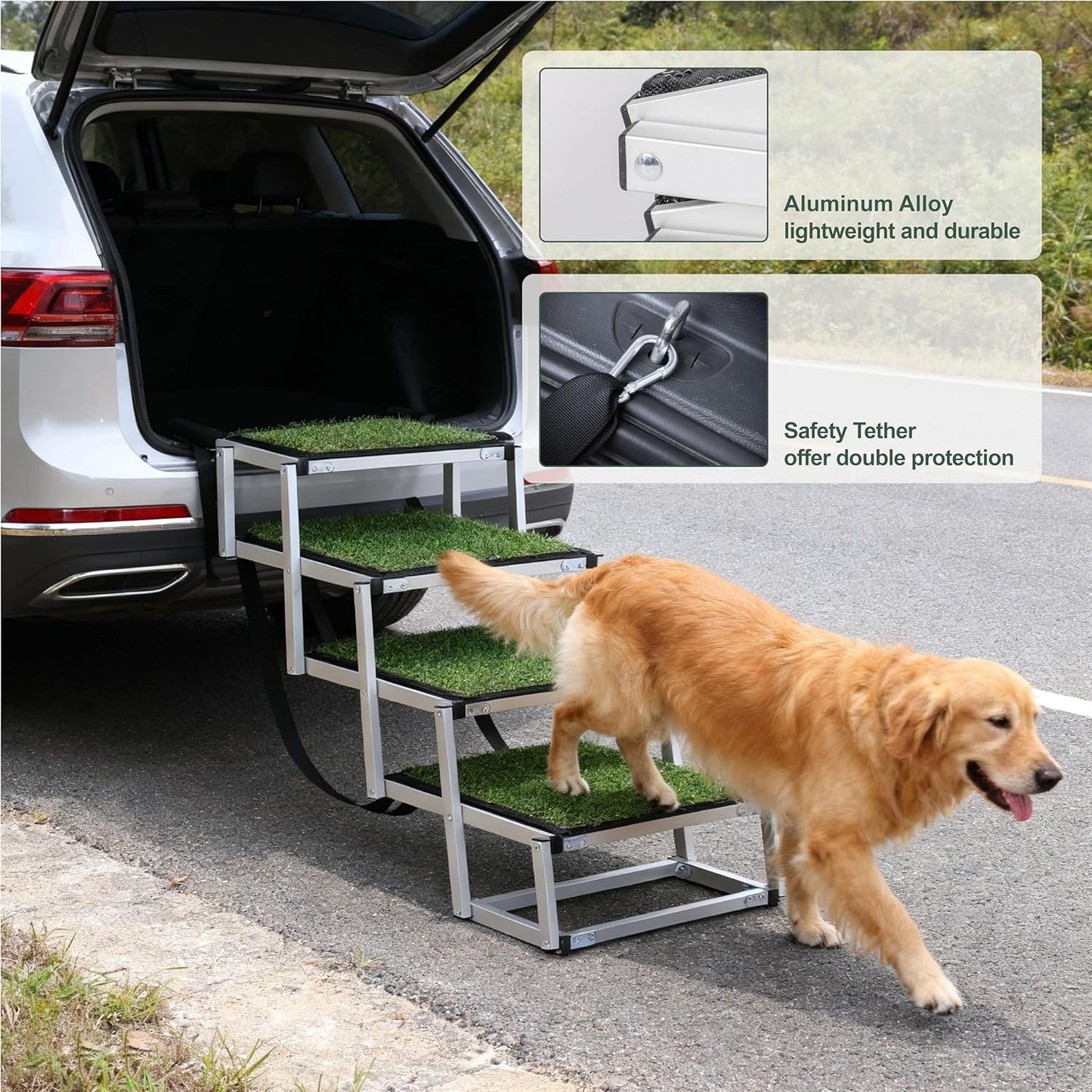 Foldable Dog Stairs for Cars, 4 Steps Wide Dog Ramp for Large Dogs with Non-Slip Surface, Lightweight Aluminum Foldable Steps for High Beds, Cars, SUVs, Trucks, Supports up to 250 lbs